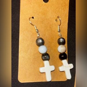 Chic Black and White Beaded Cross Earrings